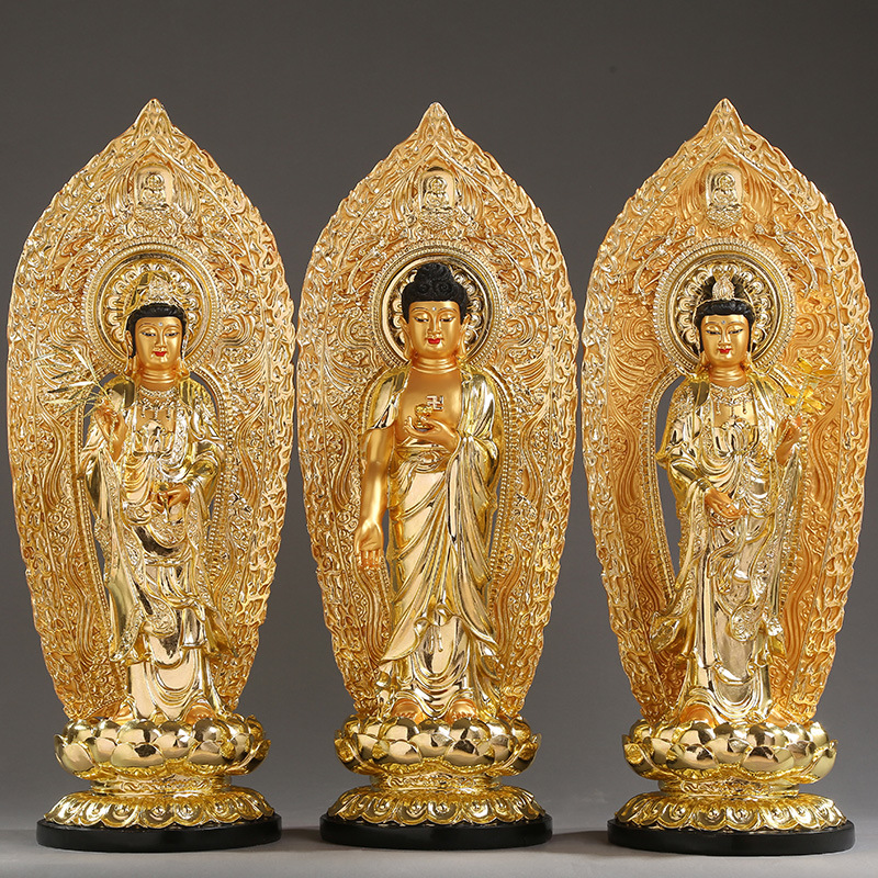 居家供奉彩绘西方三圣树脂佛像站像阿弥陀佛鎏金西方三圣站像