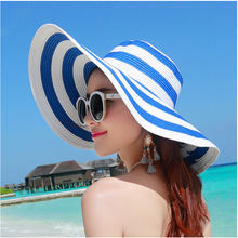 夏威夷风情海边度假防晒红白蓝白条纹大沿帽遮阳太阳帽子沙滩草帽