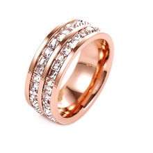 超闪 双排14K玫瑰金钛钢 镶钻双层玫瑰金戒指 情侣戒指-132