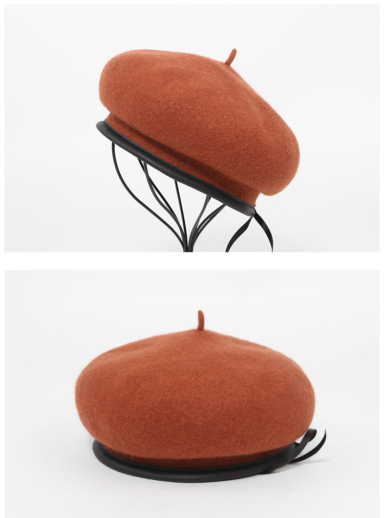 皮包边抽绳加厚折痕宽边蘑菇帽立体羊毛贝雷帽女时尚潮个性画家帽