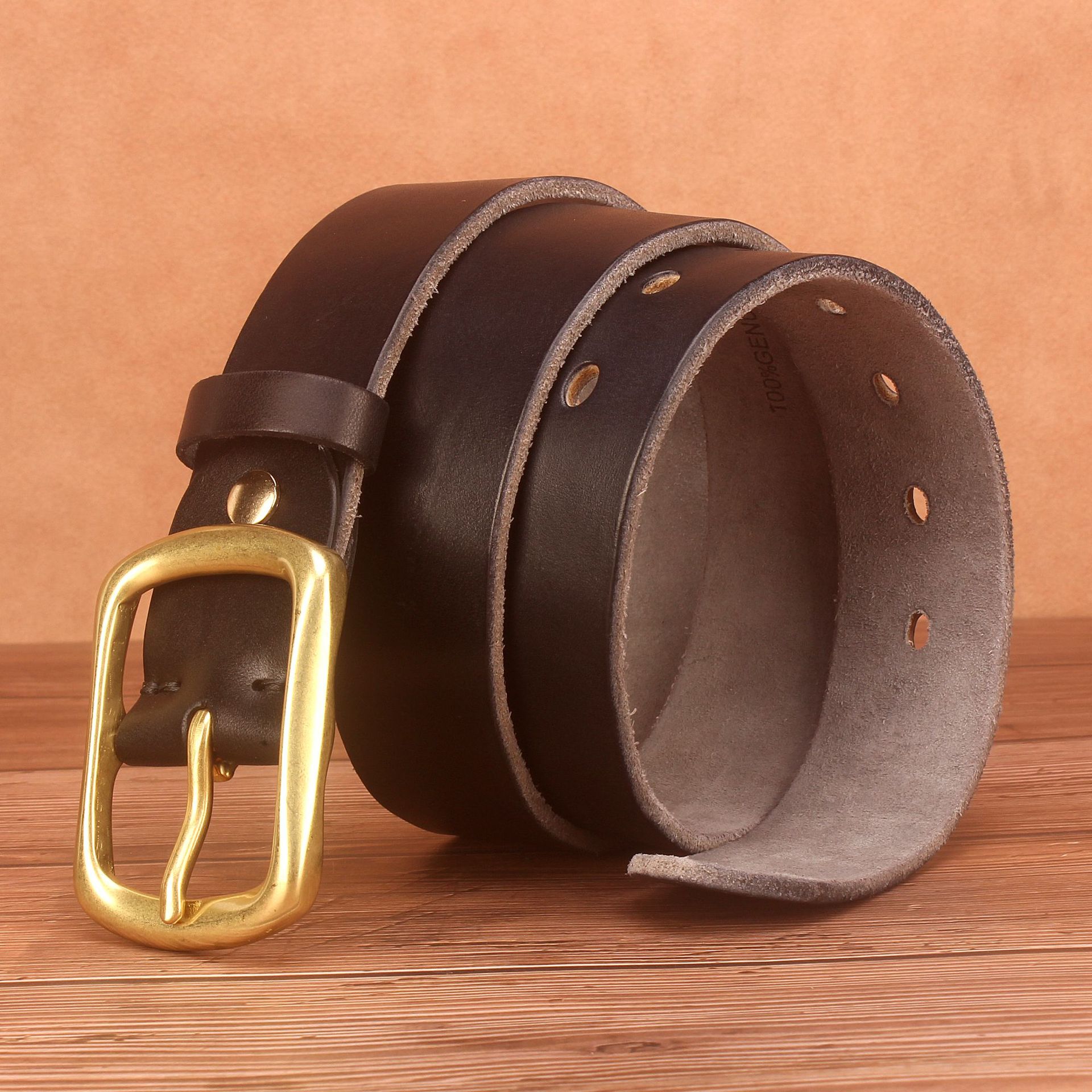 植鞣革皮带头层牛皮手工水洗男士皮带真皮复古牛仔百搭纯铜扣腰带