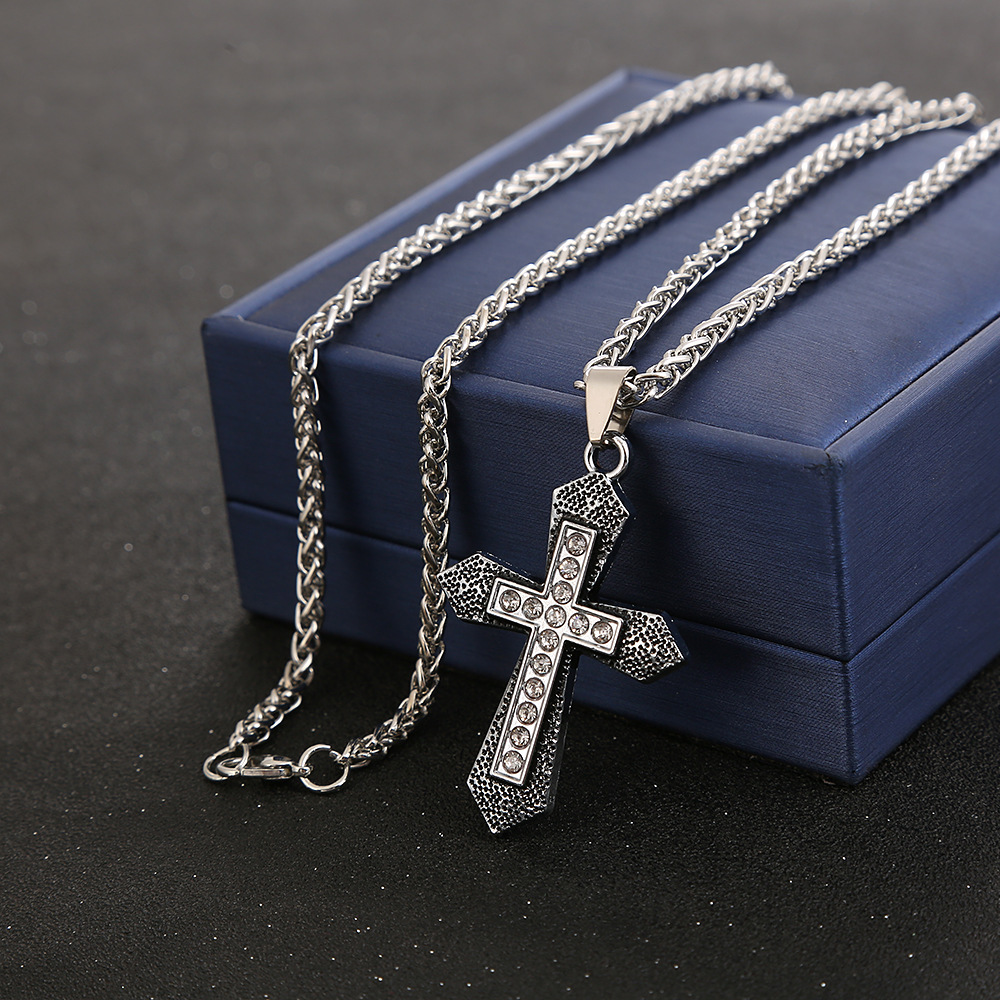 速卖通爆款欧美复古多层十字架项链男士 吊坠配60cm龙骨链