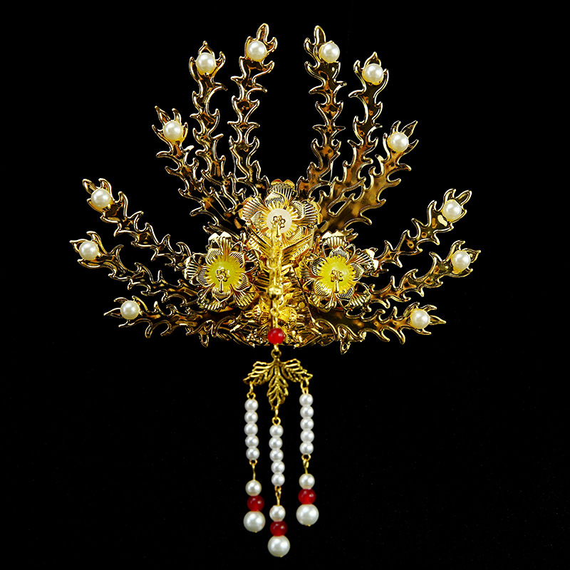 古风发饰金色中式汉服新娘凤钗头饰古装流苏发簪皇冠古典凤冠发钗