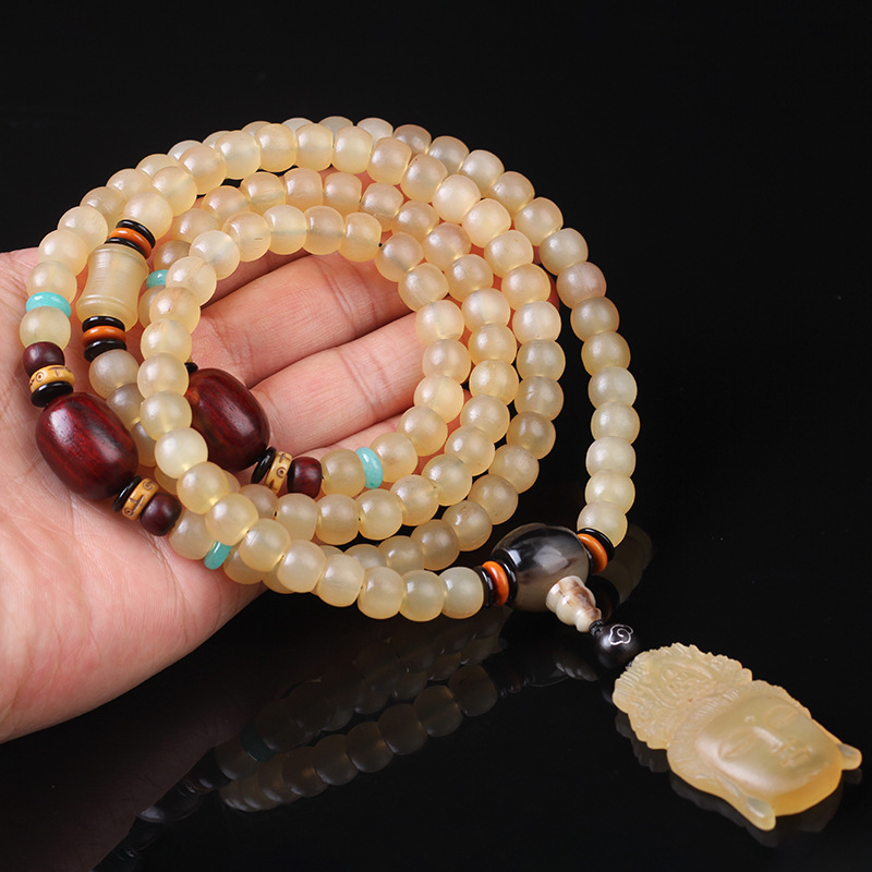 天然通透山羊角佛珠桶珠108颗带血藏式念珠文玩手串手链