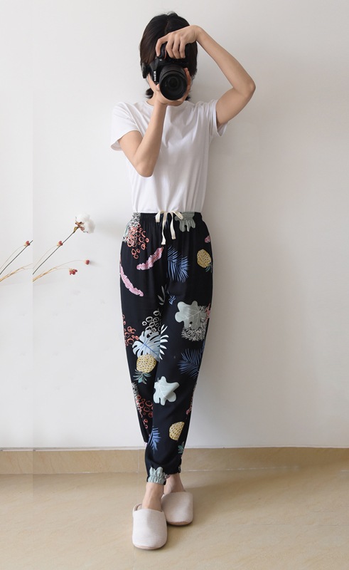 女士家居服-2019新款绵绸束脚裤女睡裤夏长裤纯棉家居裤仙女凉凉裤