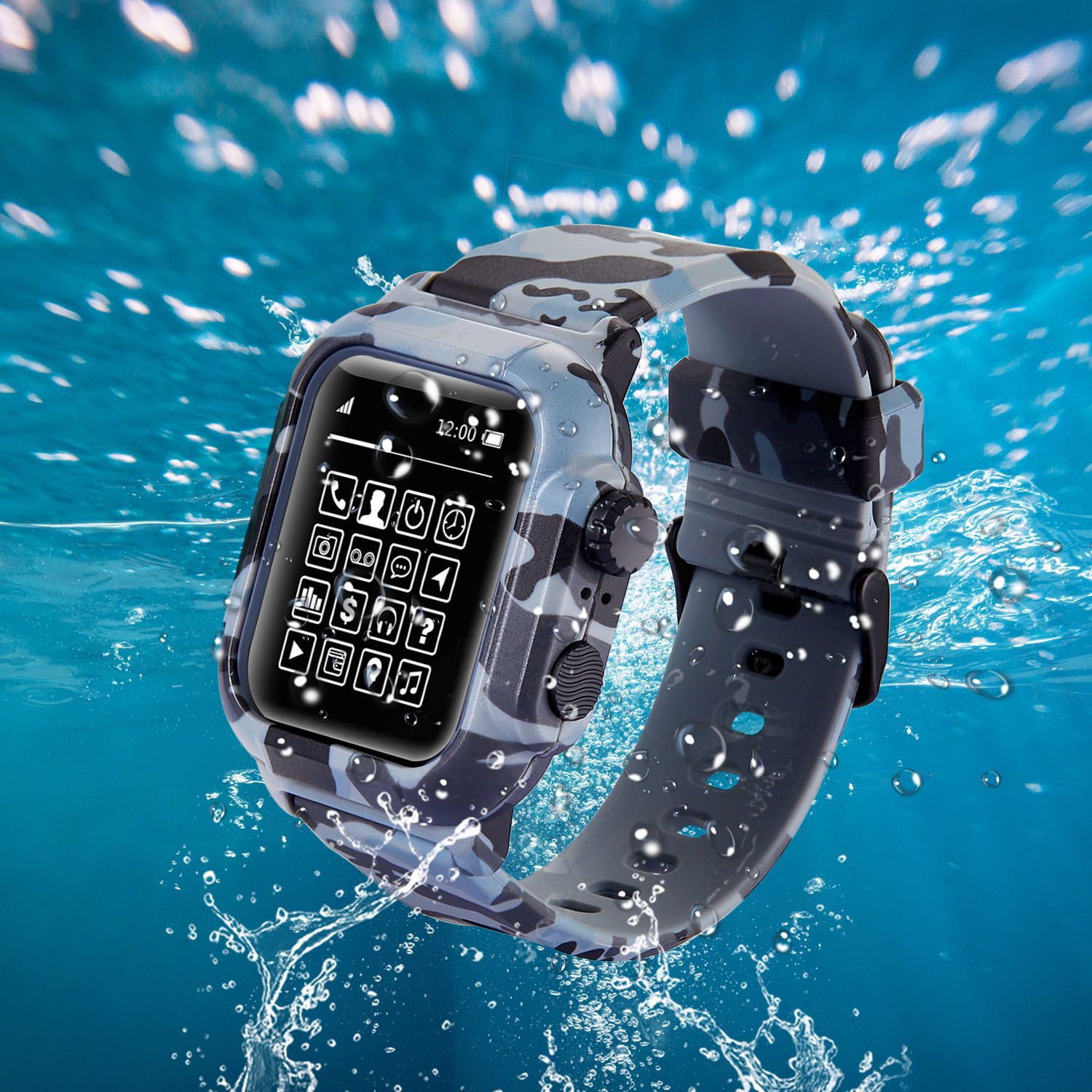 适用苹果手表防水表壳套装PC防水壳+潜水迷彩硅胶表带iwatch3/4代