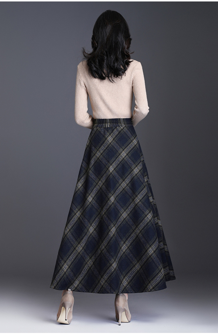 实拍2019秋冬季毛呢长裙高腰百搭格纹半身裙a字裙长款裙子大摆裙