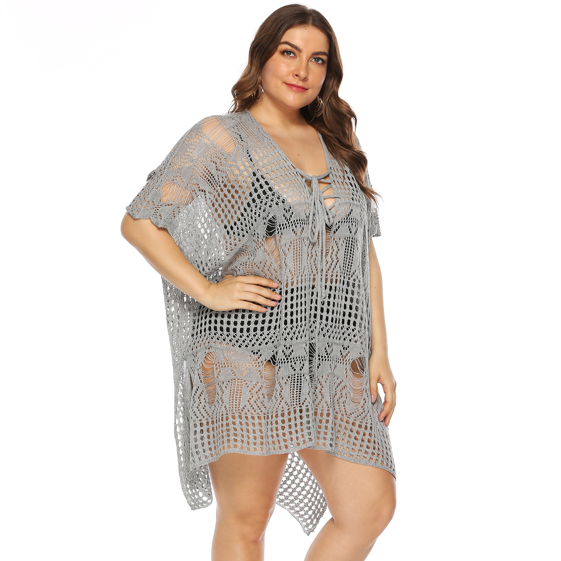 欧美夏季新款大码纯色沙滩服时尚不规则镂空针织比基尼宽松罩衣女