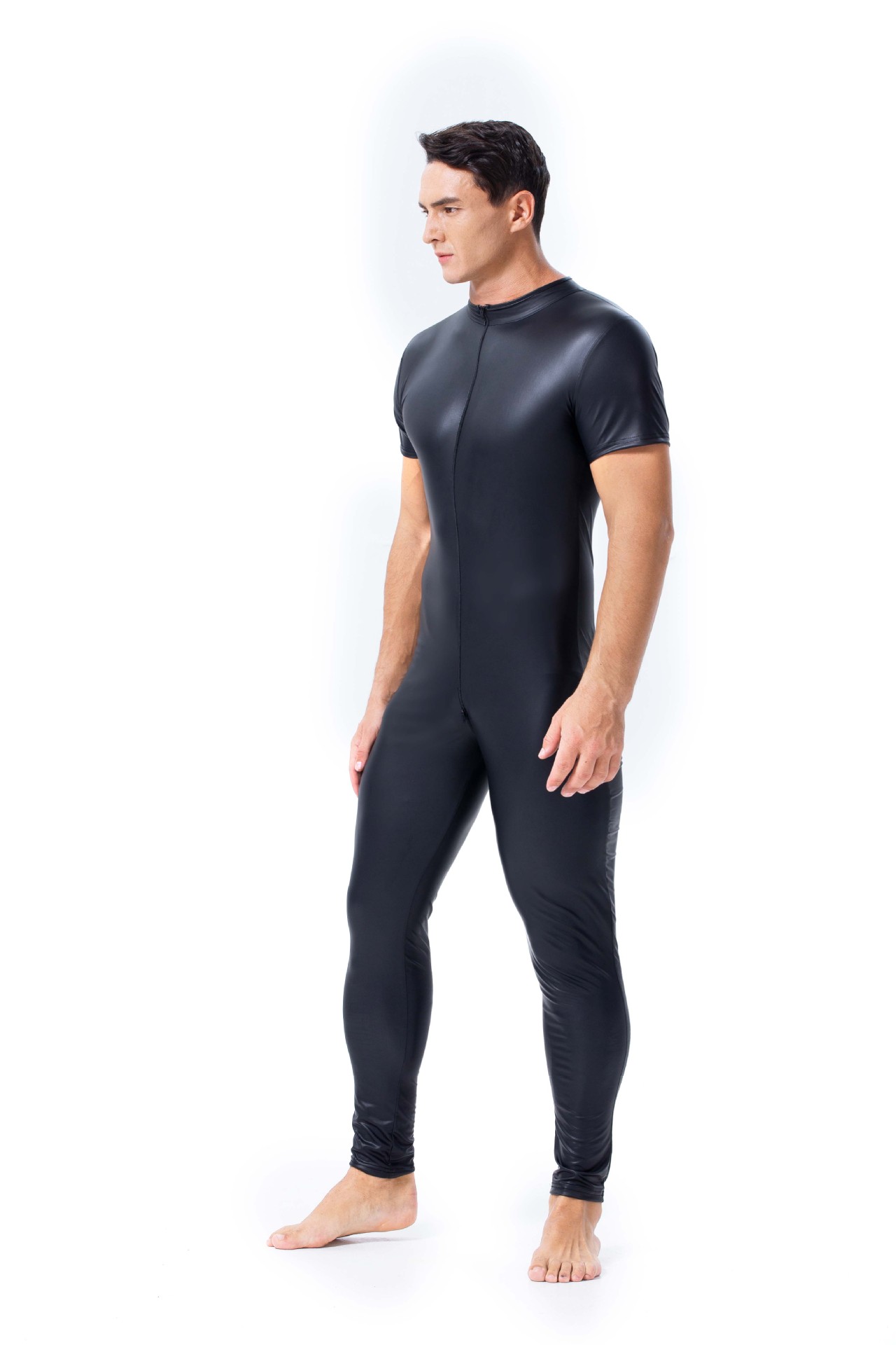 欧美性感男士漆皮紧身连体衣双拉链头开裆夜店舞台ds演出服短袖装