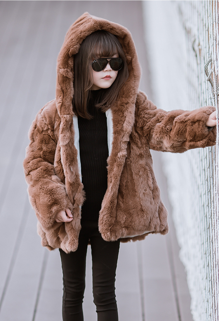 19冬新款獭兔毛连帽童装亲子皮草儿童皮草大衣女童oem皮草外套
