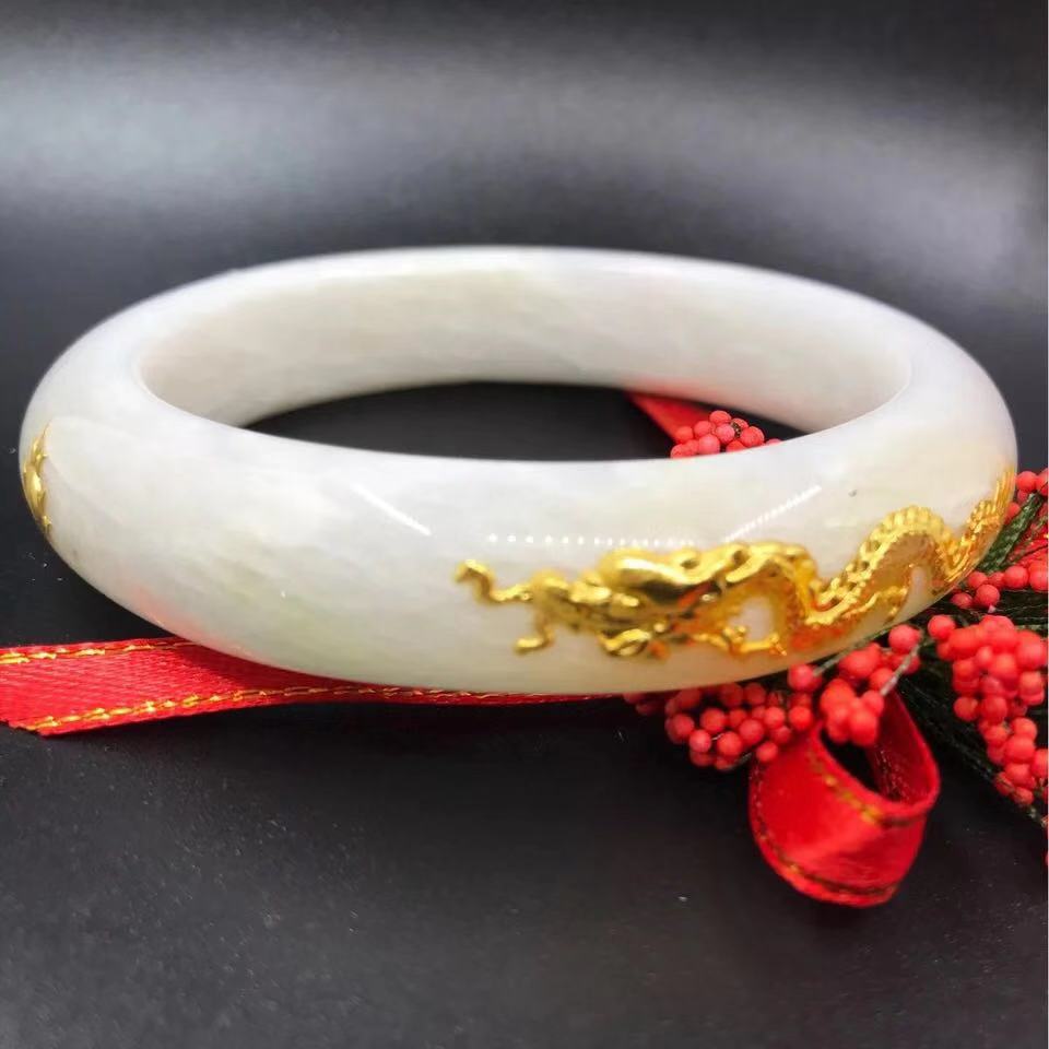 金镶玉黄金手镯 白玉镶足金999龙凤戏珠手镯 旅游区会销礼品厂家