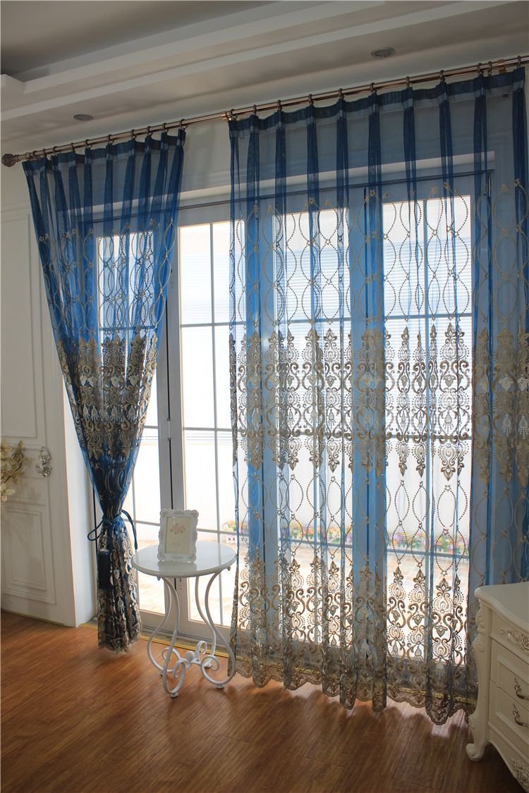 奢华欧式蓝色高档绣花纱网配套公寓别墅酒店客厅落地窗帘成品加工