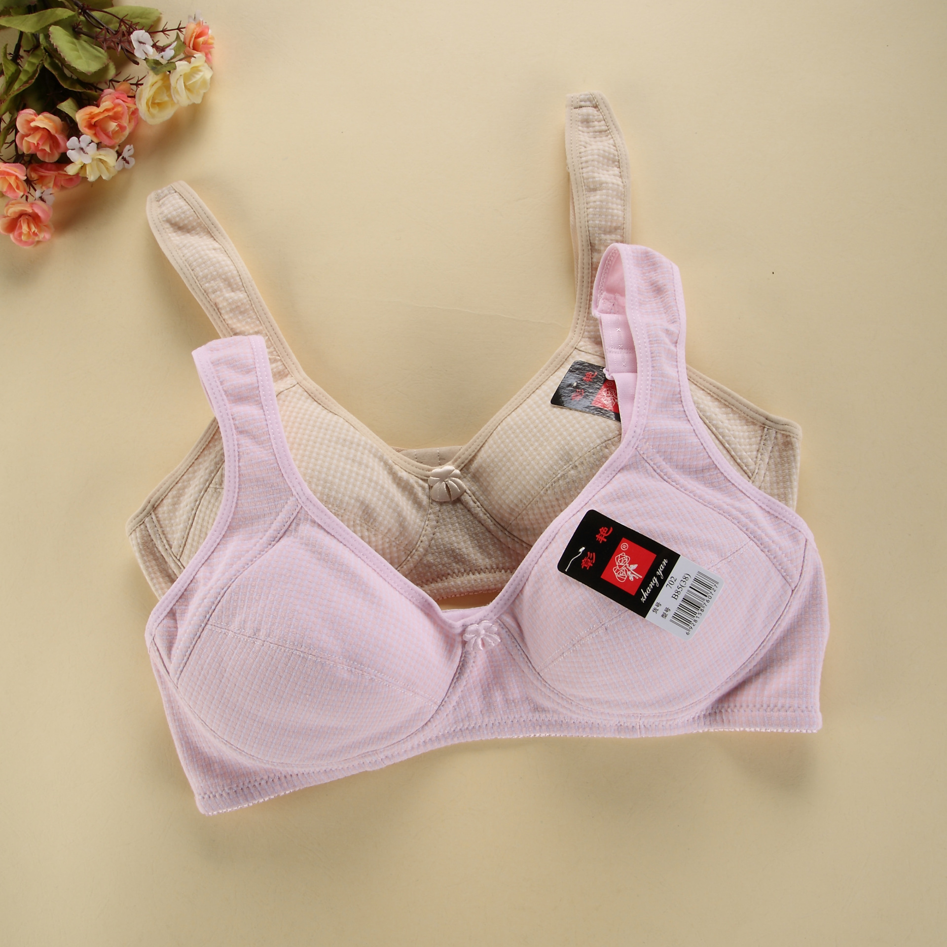 新品彩棉纱织胸罩舒适无钢圈大罩杯内衣女棉质中老年大码妈妈文胸