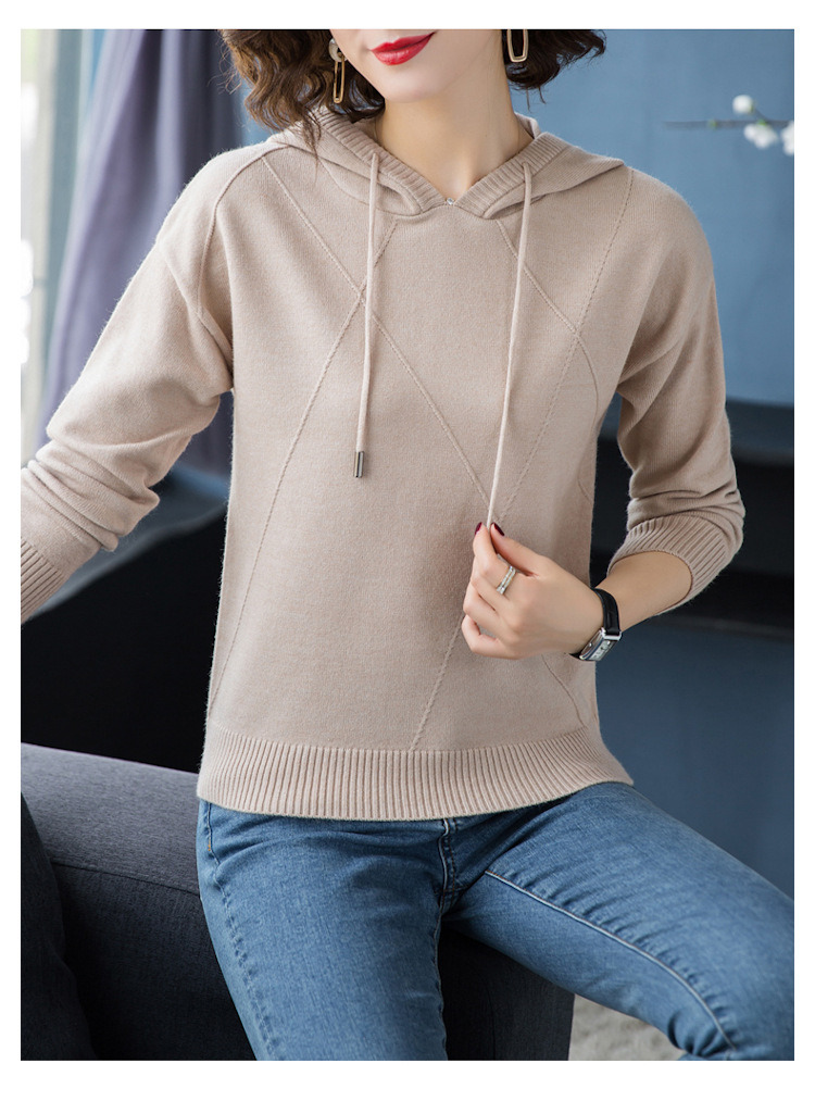 2019秋冬新款韩版纯色连帽领毛衫毛衣女长袖宽松带帽针织衫女
