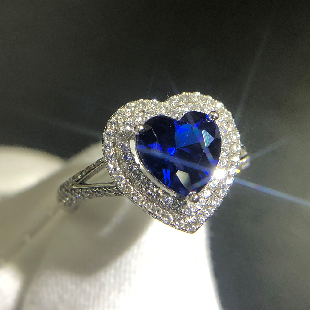 诗佩新款外贸饰品欧美创意心型坦桑蓝宝石爱心锆石戒指一件代发