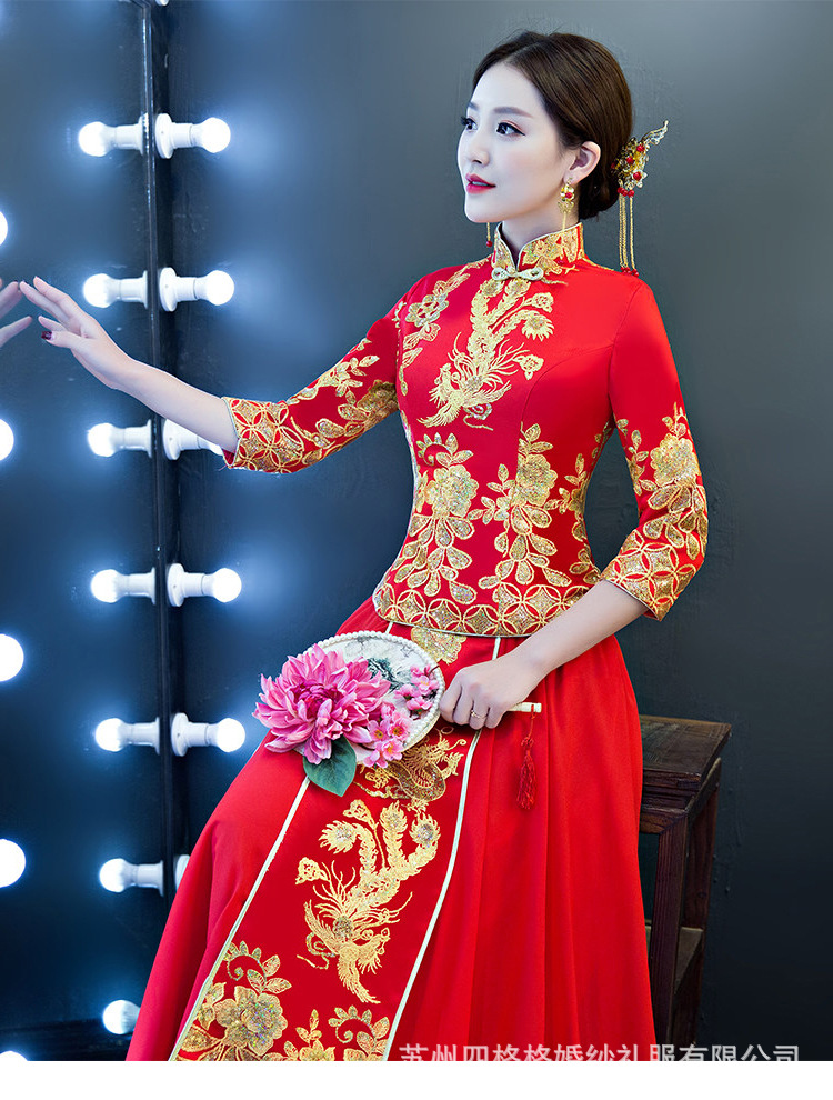 现货新娘敬酒服中式红装秀禾服中袖结婚旗袍红色修身影楼拍照批发