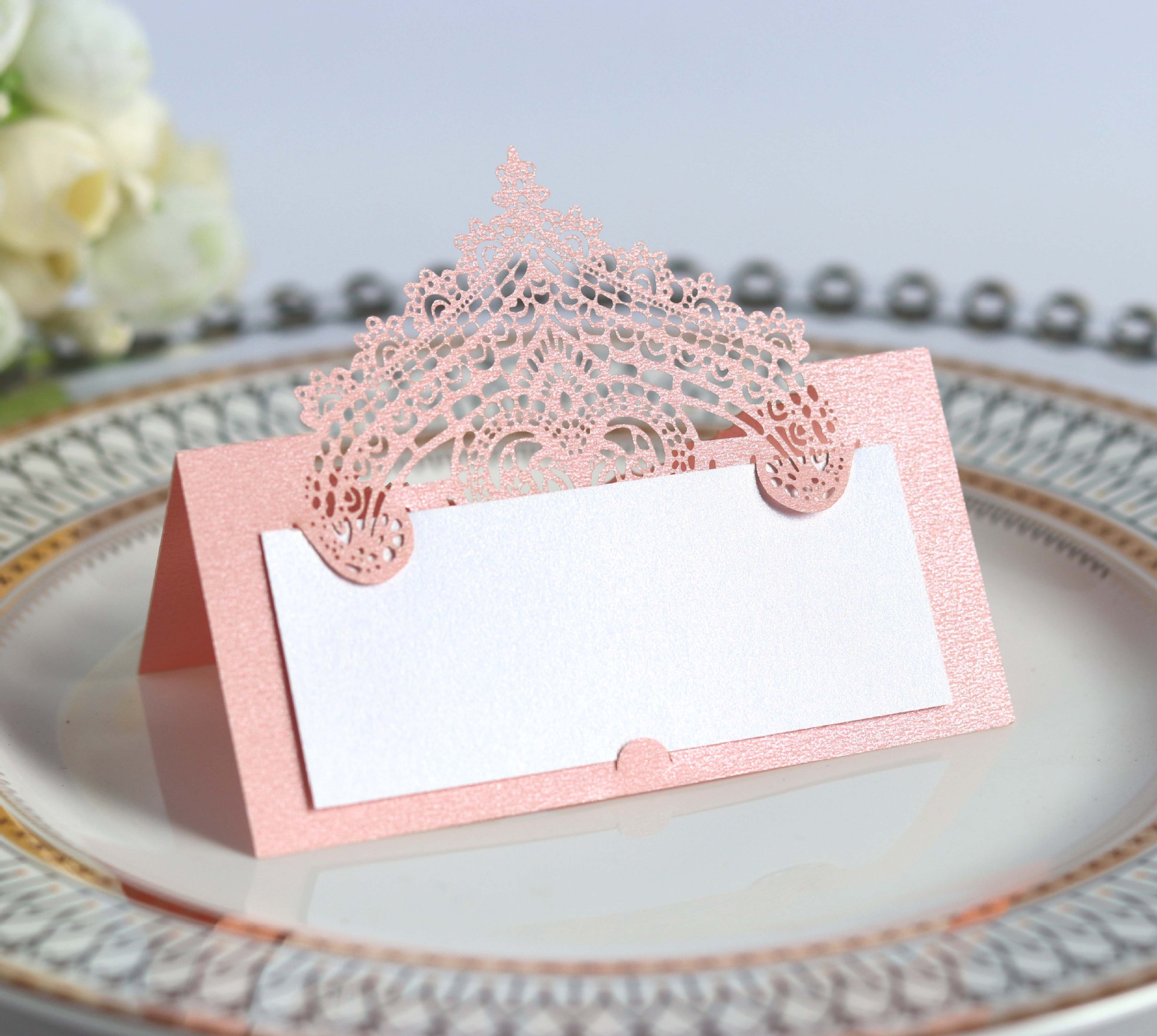 立体蕾丝席位卡 激光镂空节日卡片 手写深兰色桌位卡 姓名卡批发