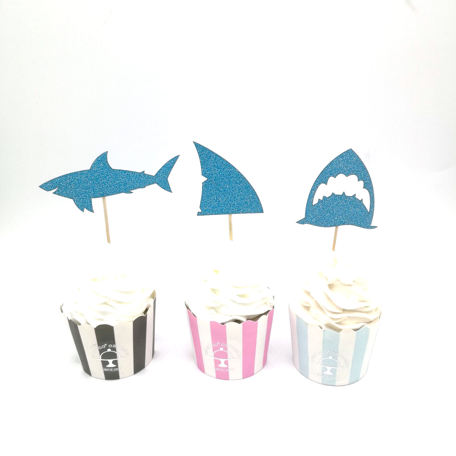 12pcs鲨鱼宝宝蛋糕插牌shark海洋动物主题派对纸杯蛋糕插签套装