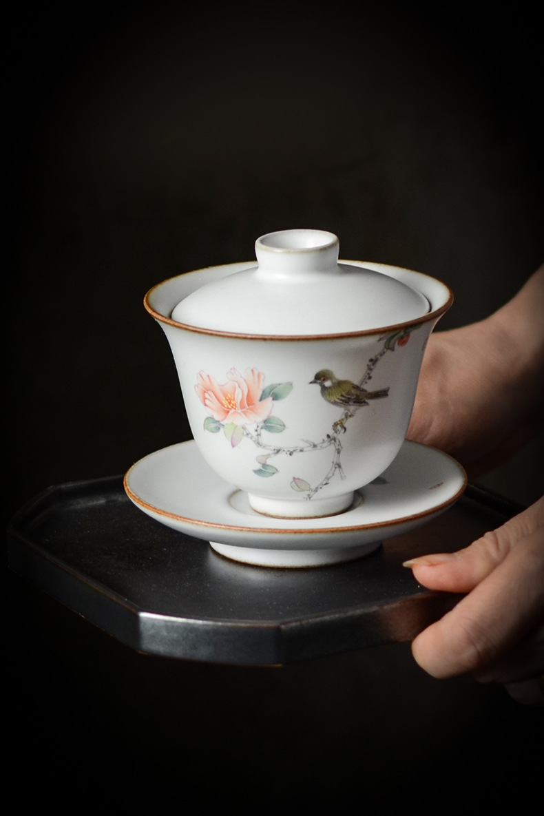 开片汝窑手绘花鸟盖碗茶杯套装陶瓷家用泡茶器茶壶功夫茶具整套