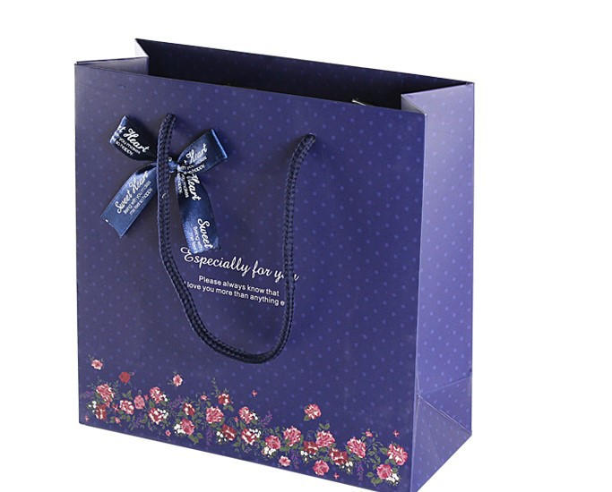 时尚深蓝色底小花蝴蝶结礼品袋 商务送礼袋 礼物包装袋手提纸袋