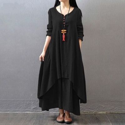 2023 Spring and Autumn Fake Two-Piece Long Skirt Literary Expansion Linen Dress Loose Long Sleeve Cotton and Linen Skirt