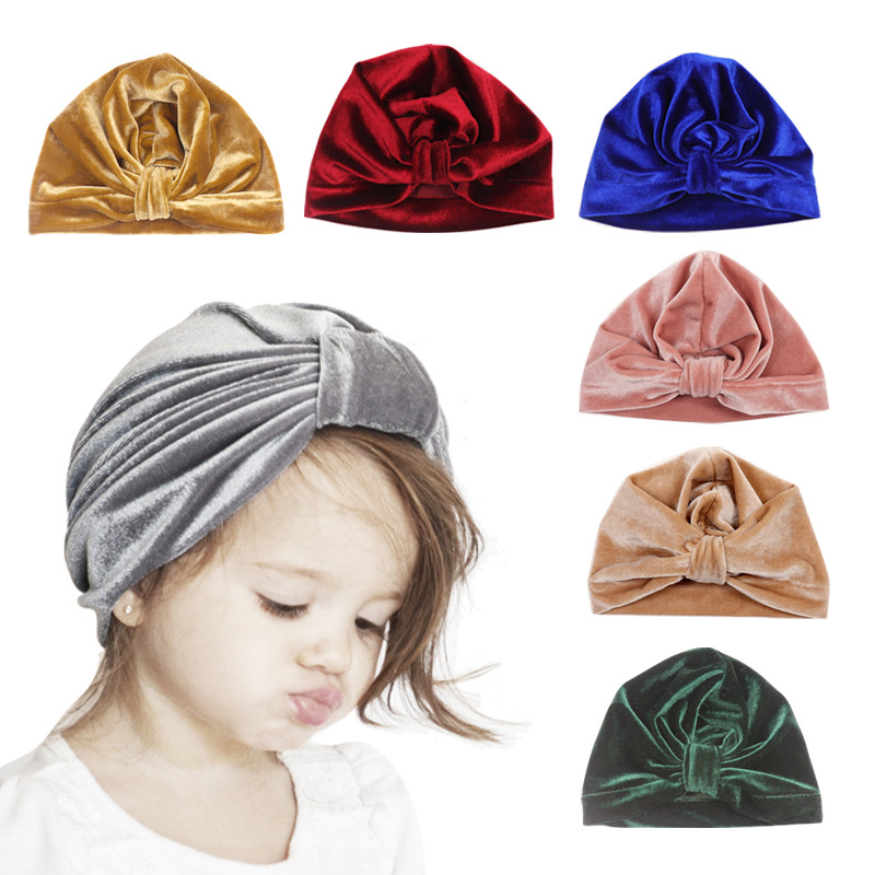 亚马逊ins新款欧美儿童金丝绒印度帽婴儿帽宝宝套头帽子外贸款