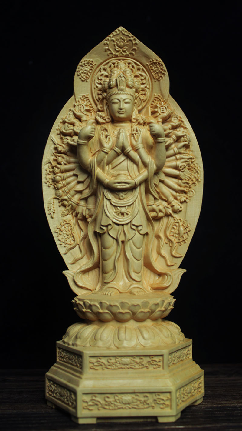 中式黄杨木雕居家风水雕刻摆件镇宅实木佛像供奉生肖属鼠千手观音