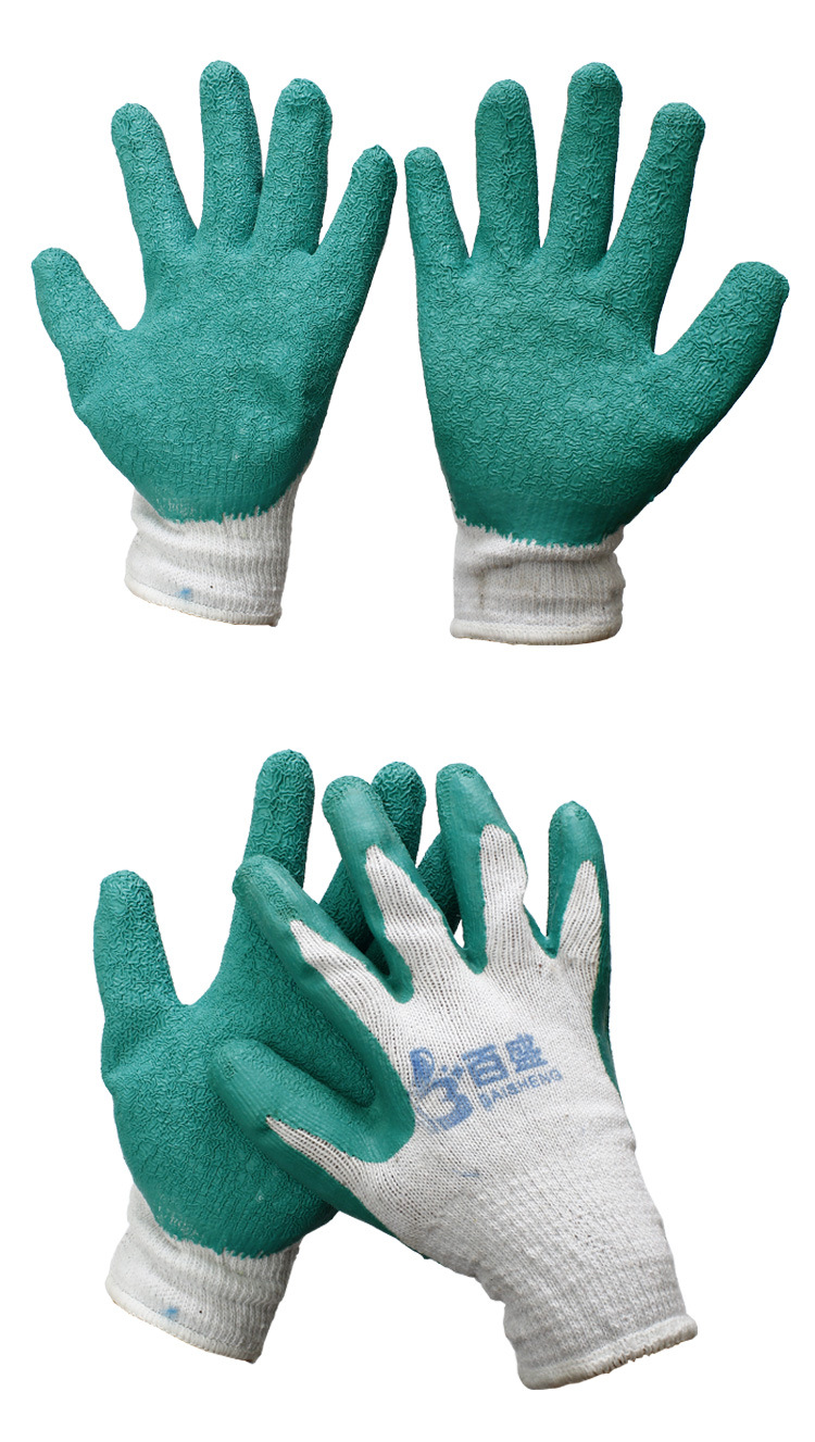 百盛黄白纱绿挂胶皱纹防护手套 防滑耐磨保暖 十支皱纹绿胶手套