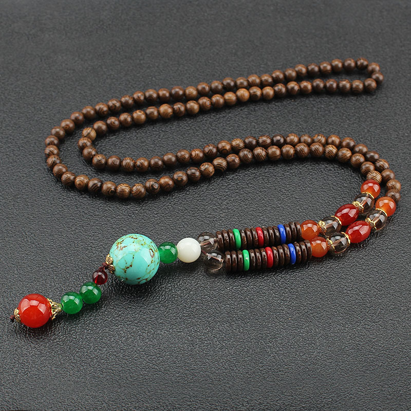 Retro Ethnic Style Wooden Wooden Bead Bodhi Pendant Long Sweater Chain Men and Women Rosary Necklace Accessory