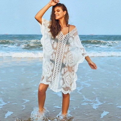 欧美蕾丝绣花海边度假沙滩防晒短裙温泉性感比基尼泳衣外搭罩衫女