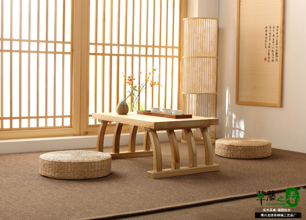 简约实木茶桌榻榻米草编蒲团坐墩组合榻榻米茶桌飘窗桌