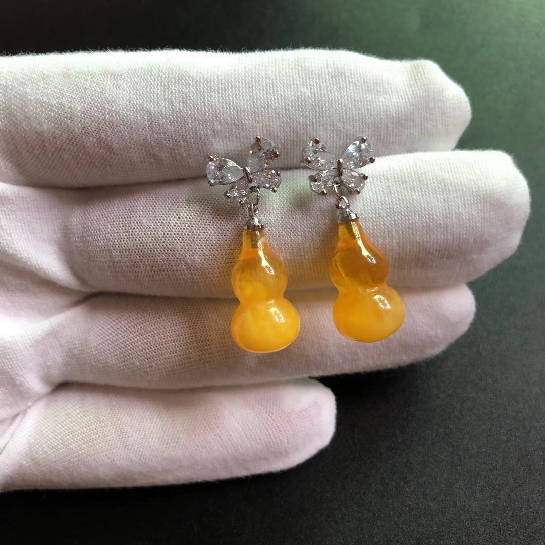 蜜蜡蜜蜡血珀s925银耳环女中国民族风长水滴耳坠花珀