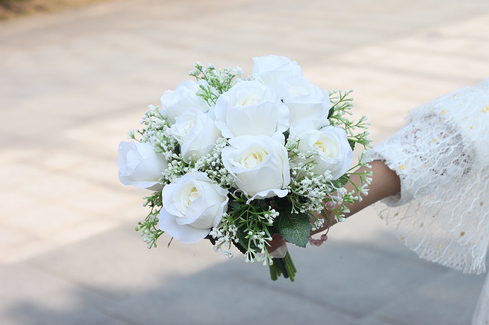 新娘结婚婚礼白色玫瑰手捧花批发仿真花束绢花跨境专供mg1402