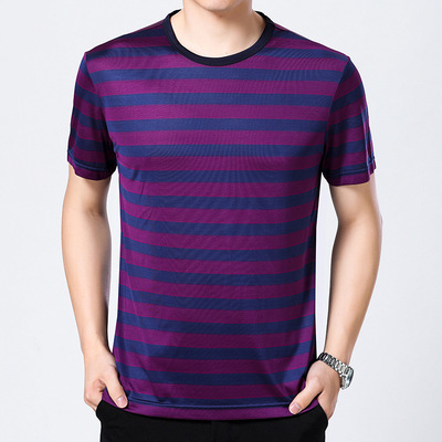 19新款男士短袖真丝t恤青年男式100%桑蚕丝半袖条纹圆领薄款男装