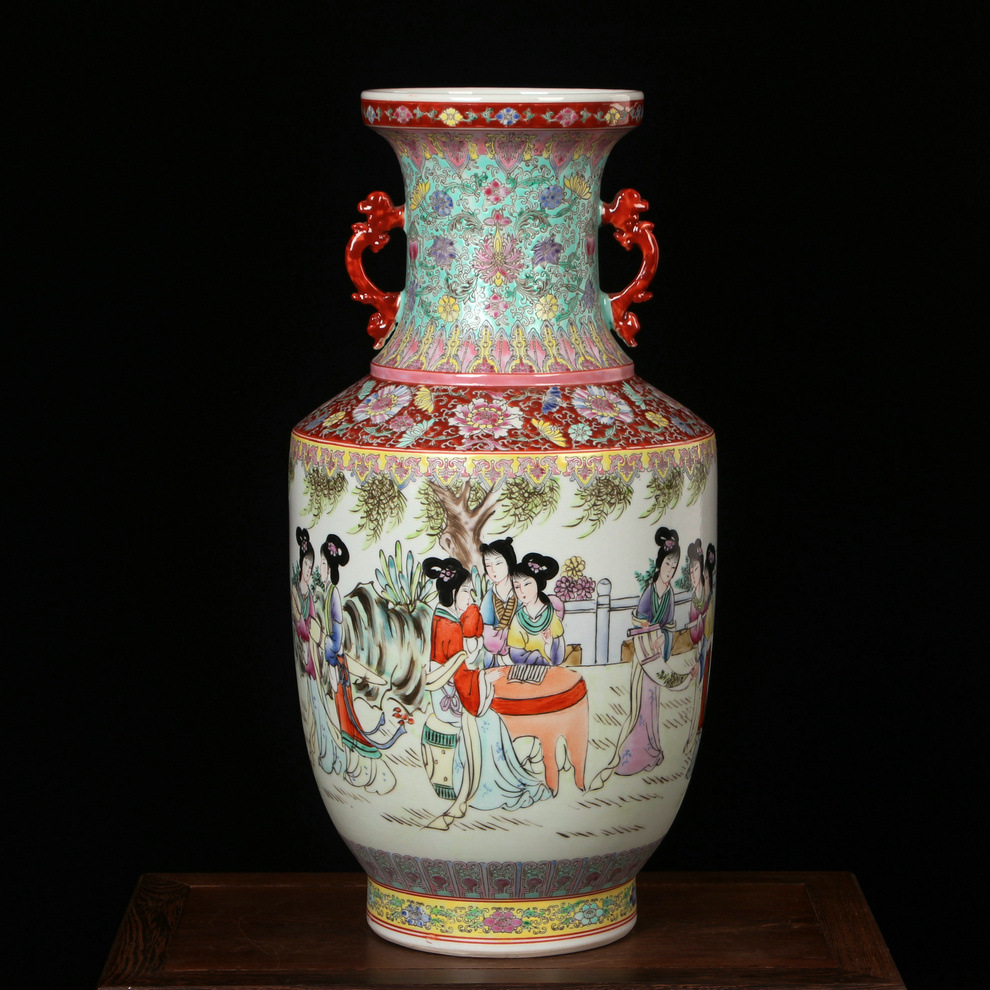 景德镇陶瓷器 艺术瓷厂粉彩双耳仕女图花瓶 明清古典家居装饰摆件