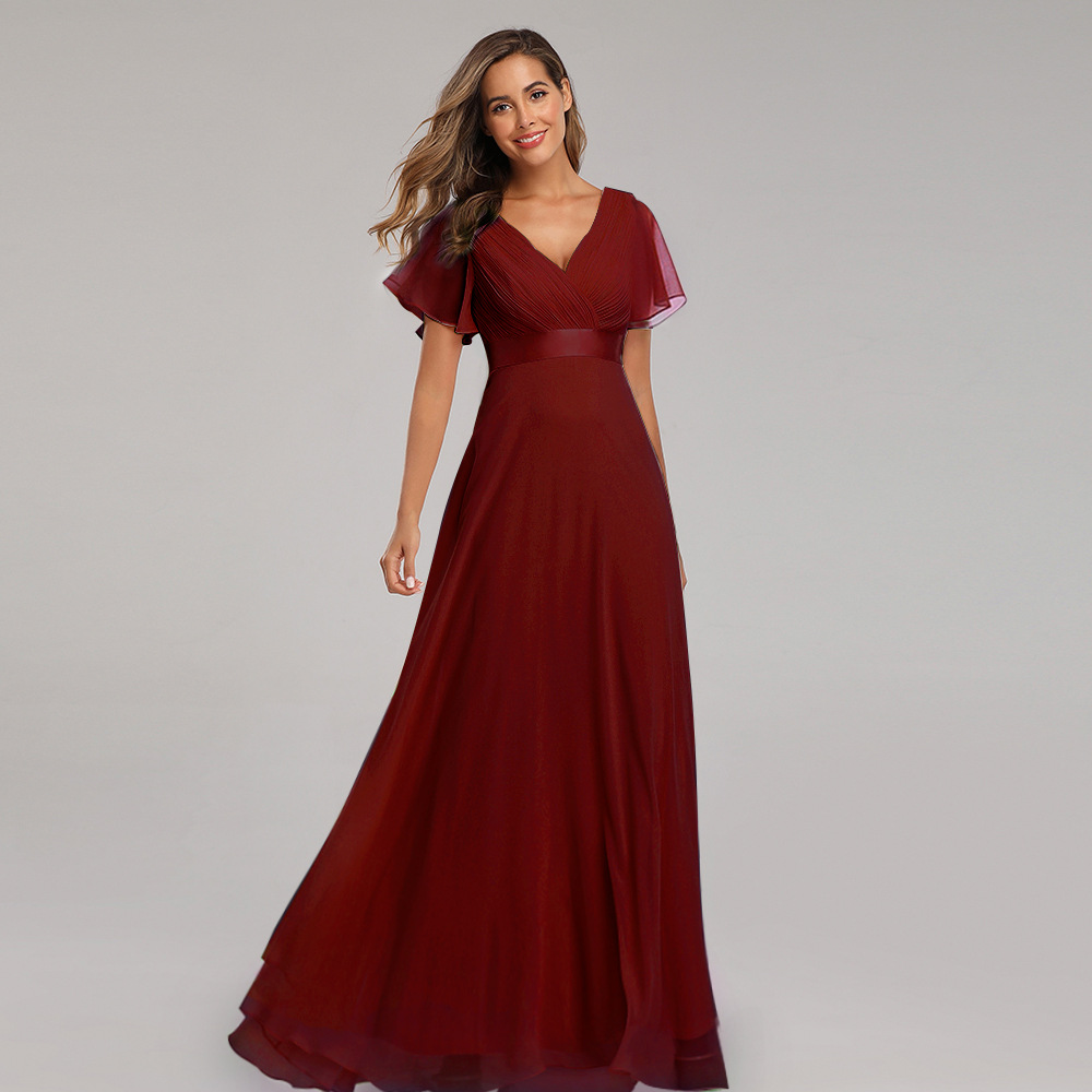 Double V-neck Flared Sleeve Dress Chiffon Evening Gown