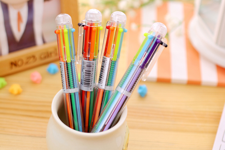 多色圆珠笔 塑料按动笔彩色油笔 六色圆珠笔 可定制学生文具批发-阿里