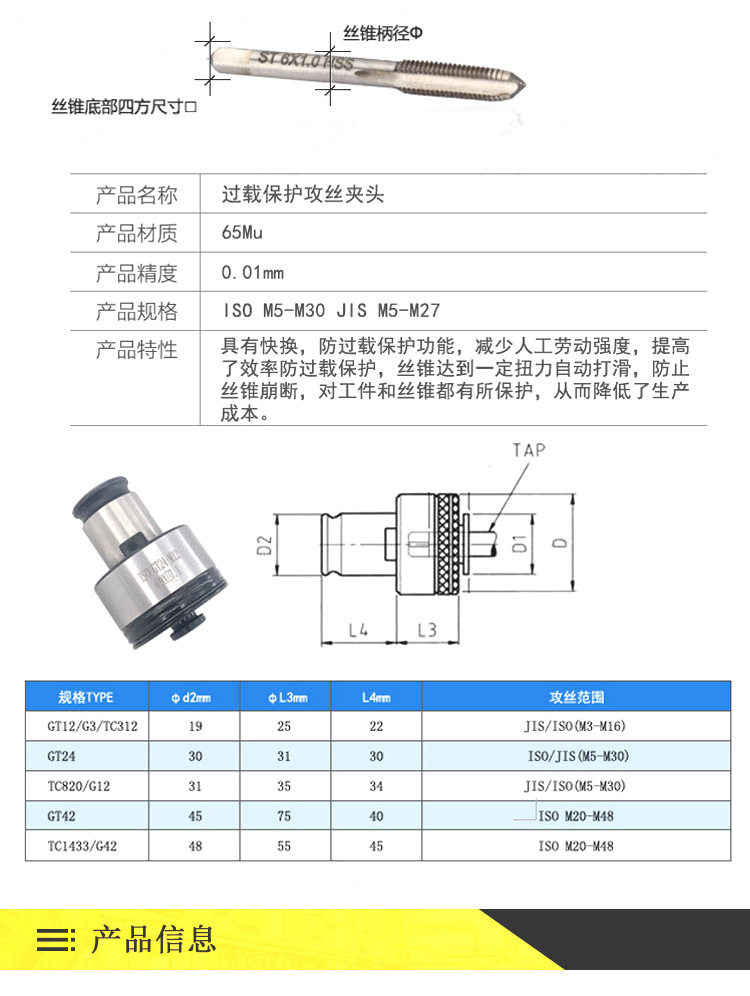 攻丝夹头gt24 扭力过载保护丝锥夹头 阻断丝锥 攻丝机夹头