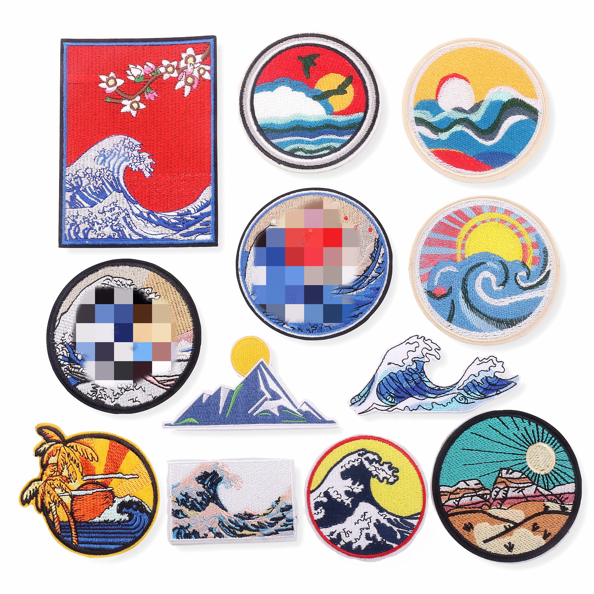 新款神奈川山河图海浪波浪圆形徽章刺绣布贴高品质补丁贴现货