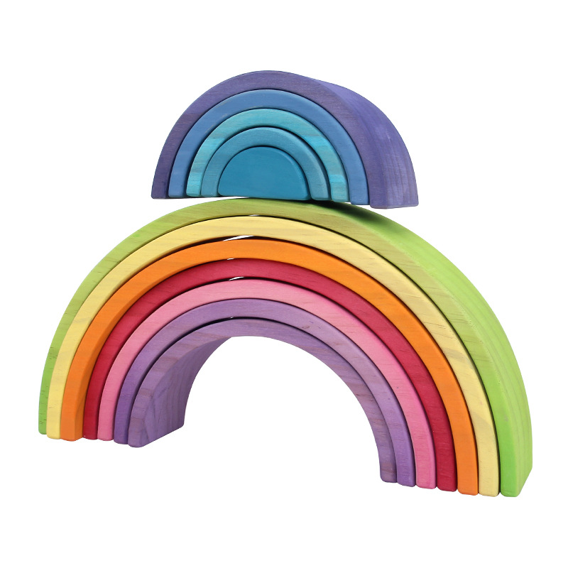 木制大号12片拱桥形彩虹半圆积木儿童德国早教叠叠乐木质弯板玩具