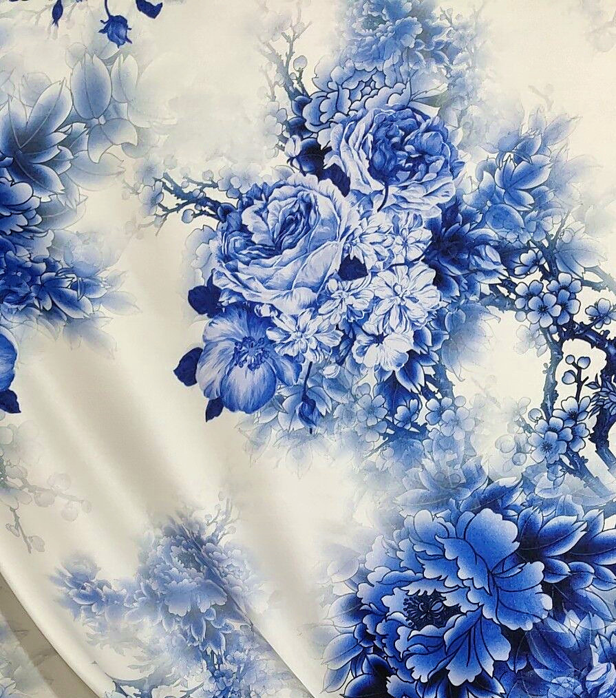 青花瓷真丝弹力缎数码喷绘丝绸面料19姆米旗袍连衣裙衬衣上衣布料