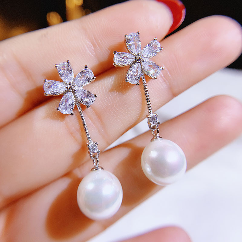 网红同款s925银韩版大花贝珠耳环女长款太阳花耳钉2021新款潮耳坠