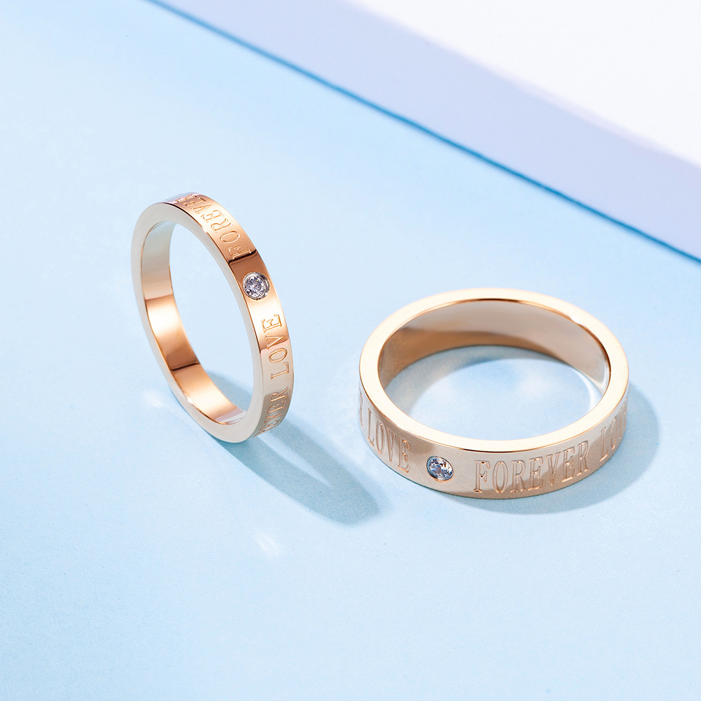 日韩风格玫瑰金forever love镶钻情侣对戒 订婚礼品情人节礼物