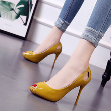 816-5尖头韩版穆勒鞋黄色鱼嘴漆皮细跟高跟鞋清新时尚单鞋女