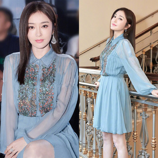 2019春季新款秦岚明星同款收腰连衣裙刺绣雪纺中长款年会晚礼服女