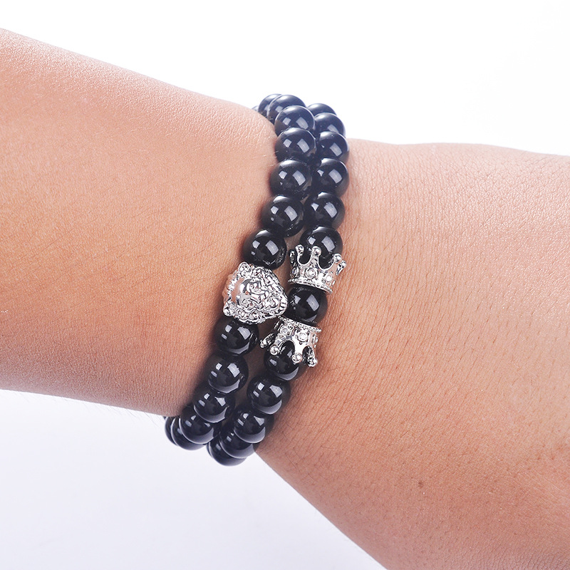 欧美热销霸气男士a级黑玛瑙狮子头手串天然石镶钻皇冠情侣手链