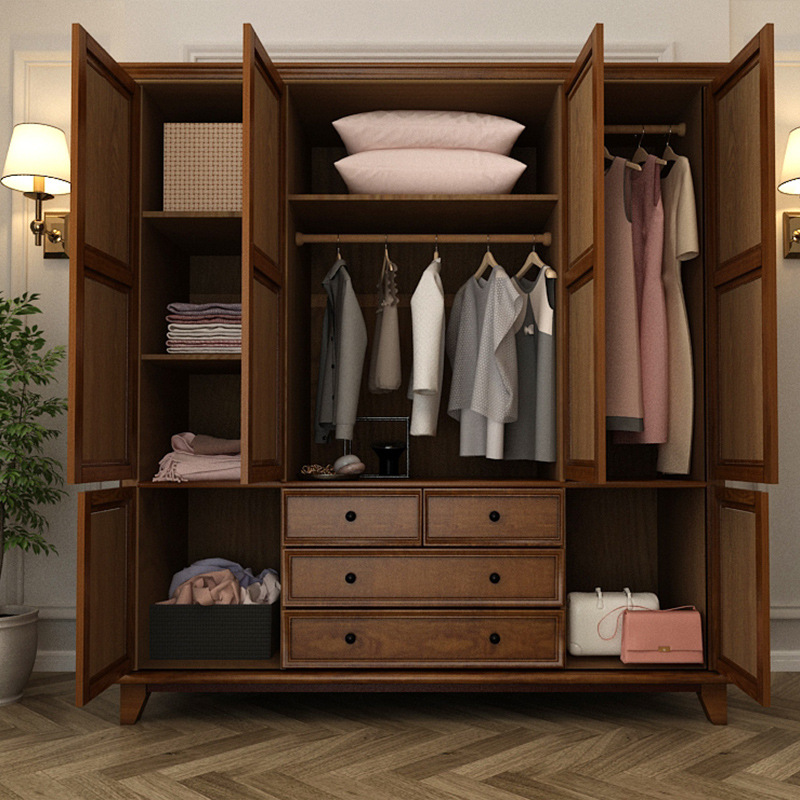 美式实木衣柜水曲柳23四门衣柜推拉卧室家具衣柜衣柜储物胡桃色柜
