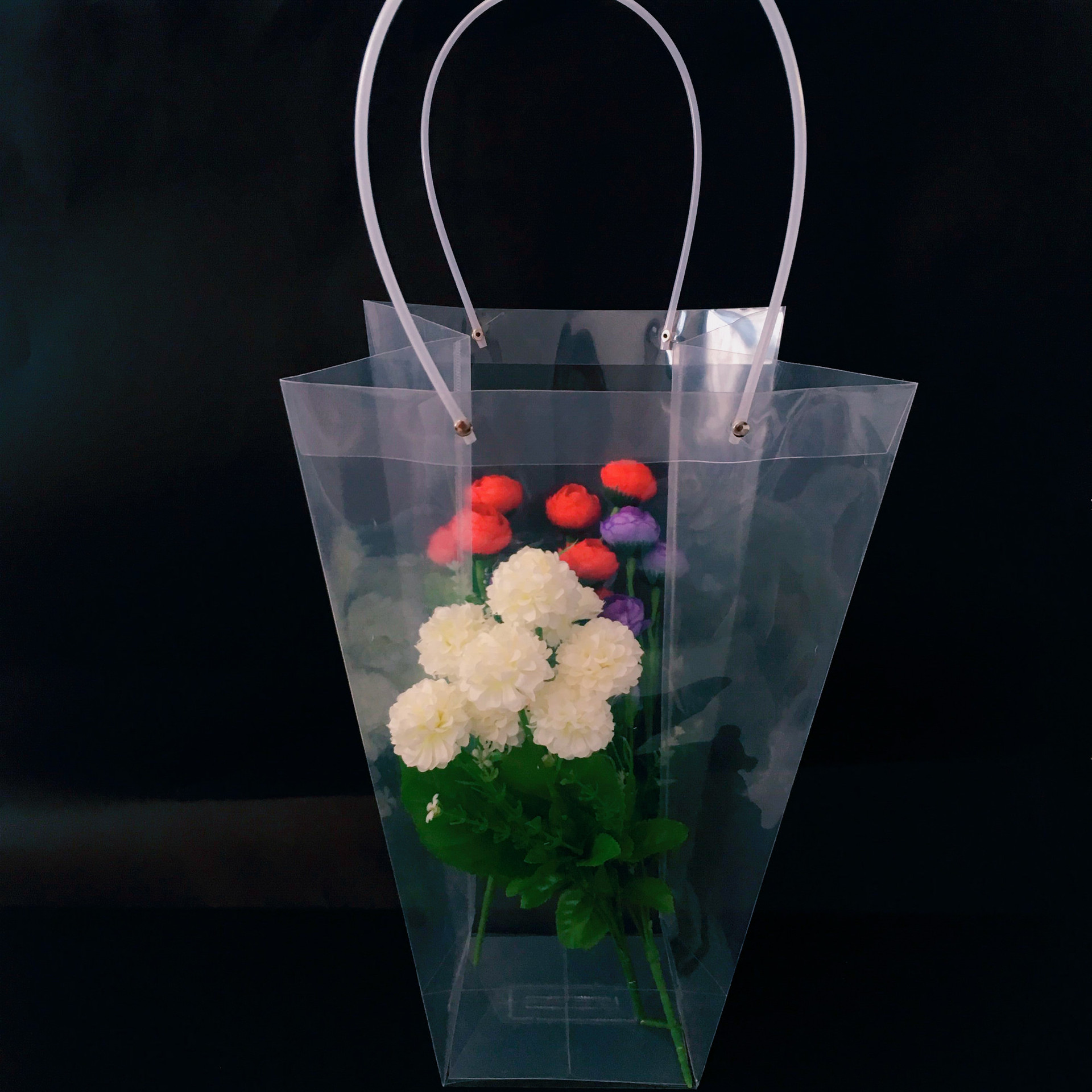 礼品包装-透明梯形防水手提袋波点袋便携鲜花袋 花束盆栽多肉植物手提