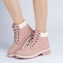 跨境时尚单靴女PU皮靴女平底大码粉色马丁靴女短靴子