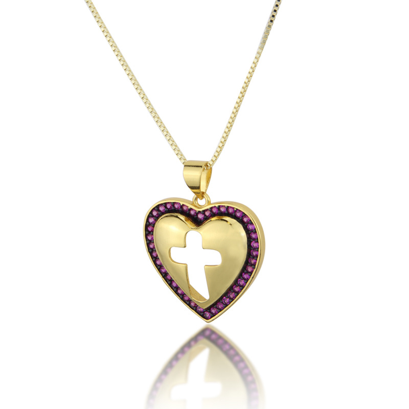 欧美跨境速卖通定制镶锆心形镂空十字架项链 新款铜电镀宗教吊坠